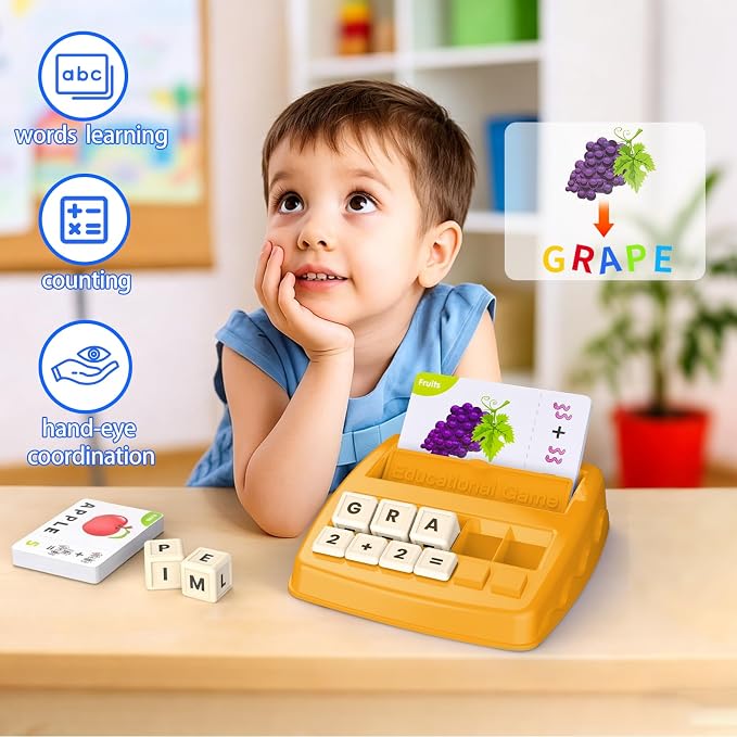 Educational Toys for Kids Ages 3-8, Matching Letter Spelling Game ABC Math Learning, Xmas Birthday Party Gifts for 3 4 5 6 7 8 Year Olds Boys and Girls Yellow