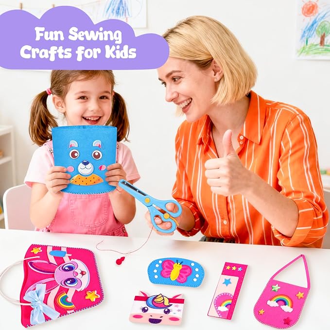 MGparty My First Kids Sewing Kit, DIY Arts & Crafts Set with 7 Felt Bag Projects, Beginner Sewing Activities for Kids Ages 5+, Creative Learning Craft Kit, Birthday Gifts for Boys & Girls
