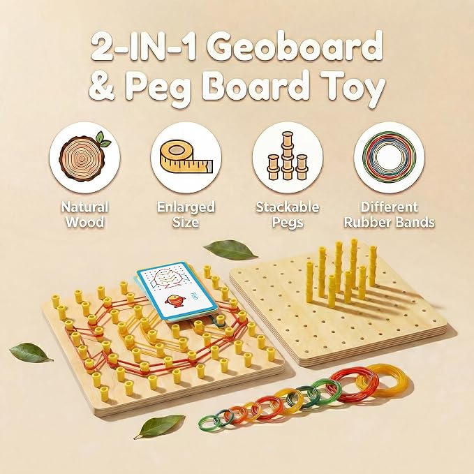 Wooden Geoboard with Stackable Pegs - 2 in 1 Montessori Peg Board Toy with 68Pcs Wood Pegs for 3 4 5 6 Year Old Kids - Fine Motor STEM Building Set, Wooden Brain Teaser Puzzle Gifts for Boys & Girls