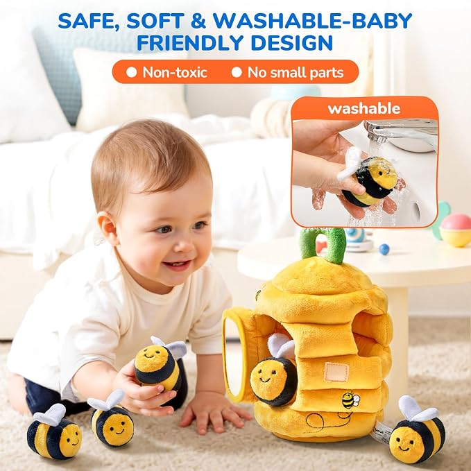 JoyCat Baby Toys 6-12 Months, Beehive Toy with 5 Sensory Bees, Baby Gift | Soft beehive with 5 bees for rattle, crinkle, mirror play and little-hand fill-and-dump fun