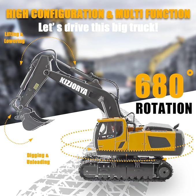 KIZJORYA Remote Control Excavator, Toys for Boys Age 6-12, Rechargeable 11 CH RC Construction Vehicles Truck with Sound Light Metal Shovel, Birthday for Kids 7 8 9 10+ Year Old(2.4 GHz)