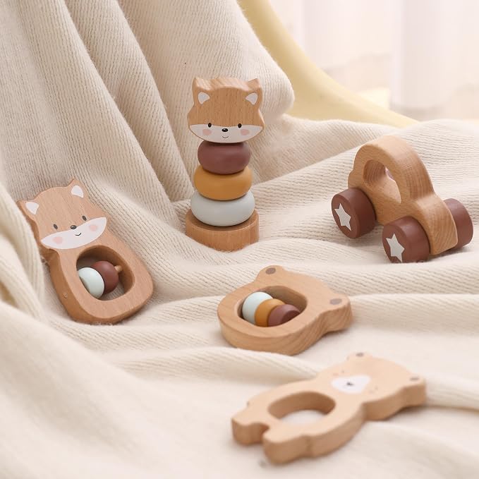 FReniland Wooden Montessori Toys, 5-Piece Wooden Baby Toys, Bear Baby Rattle, Fox Stacking Ring, Car Push and Pull Toys, Bear Grasping Toys,Newborn Baby Gift Sets for Boys and Girls