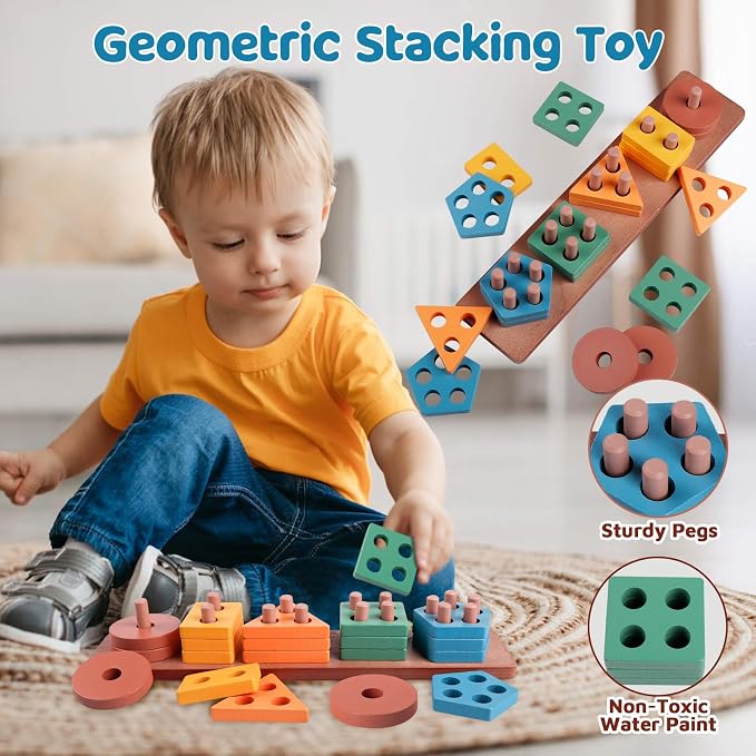 Montessori Toys for Baby Toddlers, 6-in-1 Wooden Shape Sorting Stacking Set | Building Blocks Sensory Teether Xylophone Activity Toys Gift for Kids, Encourage Fine Motor Skills, Hand-Eye Coordination