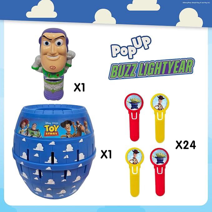 TOMY Pop Up Buzz Lightyear Game, Toy Story Action Game for Kids, Funny jousting game with sticks, Disney Pixar Buzz Lightyear Family Game, Quick Response Game for 2-4 Players, Ages 4+