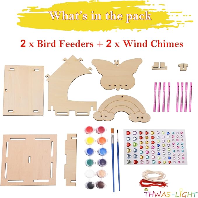 THWAS-LIGHT Wooden Arts and Crafts for Kids - 2 Pack Bird Feeder Wind Chime DIY Kids Crafts - Build and Paint Educational Fun Art Activities Gifts Outside Toys for Boys Girls Ages 3-5 8-12 6-8