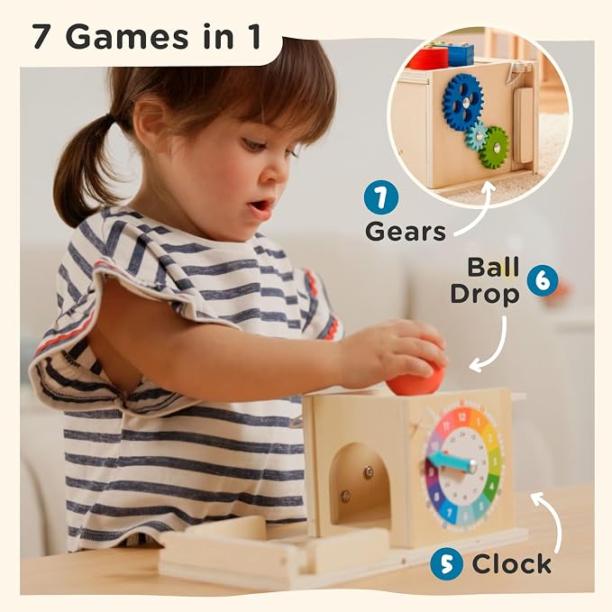 Nene Toys 7-in-1 Montessori Toy for 1 Year Old Baby – Wooden Activity Cube with Carrot Harvest, Shape Sorter & Stacking, Coin Box, Ball Drop, Gears & Clock – Gift for Toddler Boys & Girls 1 2 3 Years