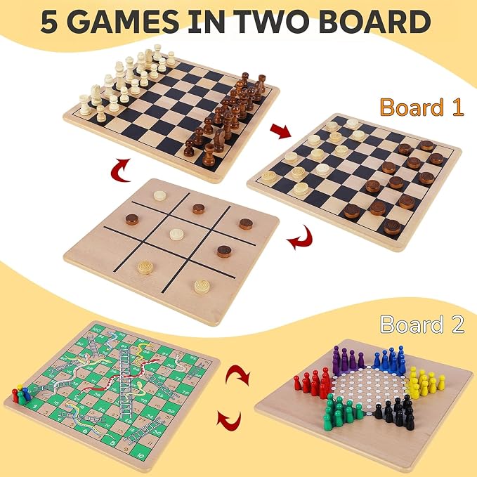 Glintoper 5-in-1 Wooden Board Game with 2 Reversible Boards for Chess, Checkers, Chinese Checkers, Snakes and Ladders, Tic Tac Toe, Tabletop Combo Classic Portable Board Games for Kids to Adult