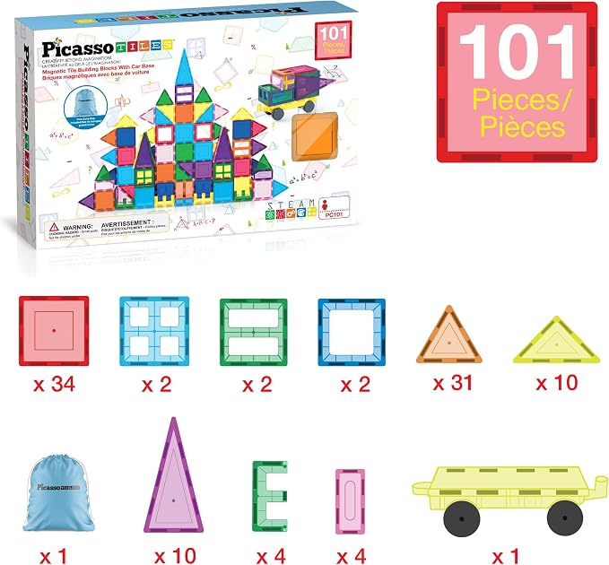 PicassoTiles 101 Piece Magnetic Tiles Building Set with Car & Bag Ages 3+ | BPA-free plastic, smooth-edge design, doors/windows, specialty shapes, spatial reasoning, hand-eye coordination, pretend play
