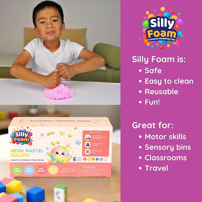 Silly Foam, Creative Modeling Foam Beads, 1-Pack of 6 Neon Pastel Colors, Perfect for Preschool and Kids, Arts & Crafts, Sensory Play, STEM, Travel Toy, Easter Basket Stuffers, Non-Toxic (Age 3+)