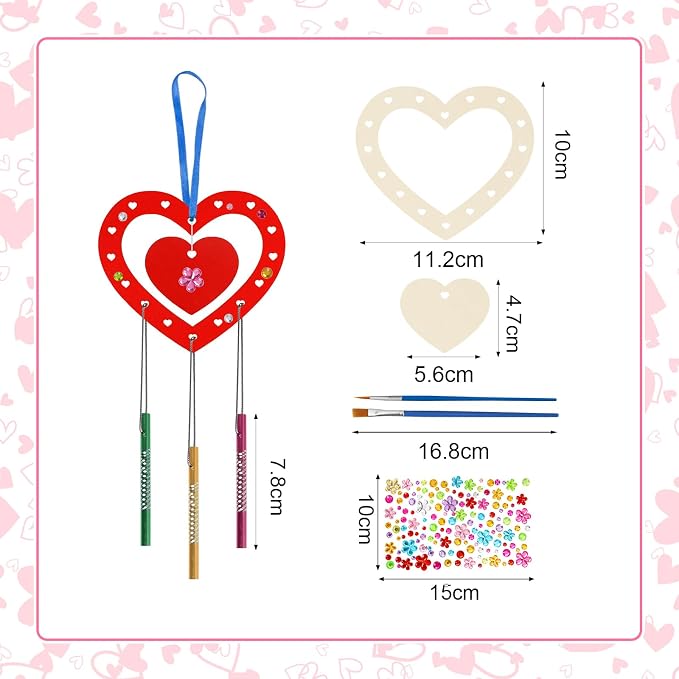 Fennoral 27 Pack Heart Wind Chime Kit for Kids Make You Own Red Heart Wind Chimes Mother's Day Wooden Ornaments for Kids Art and Craft Mothers Day Gifts Party Decoration