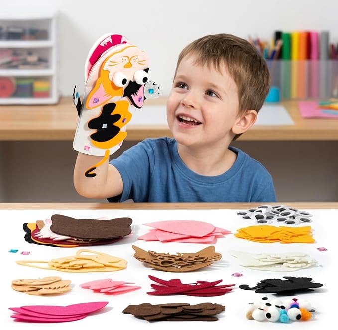 WATINC Hand Puppet Making Kit, Felt Sock Puppet Toys for Kids (Cat B) | 6 Styles, Make Your Own Storytelling & Role Play Crafts, Creative Group Activity, Party Favors & Gifts for Kids Ages 4-8
