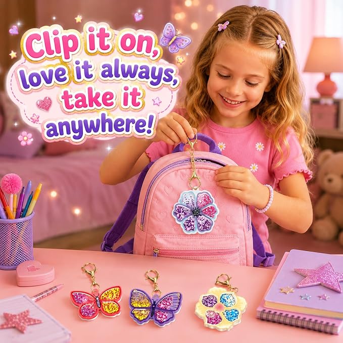 DIY Glitter Craft Kit with Keychains - Mess-Free Arts and Crafts for Kids Ages 4-8, Fun Shake-It Activity, Creative Travel Toys, Party Favors & Birthday Gifts for Girls 4-9