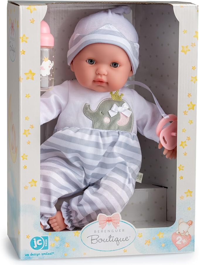15" Realistic Soft Body Baby Doll with Open/Close Eyes | JC Toys - Berenguer Boutique | Bottle & Pacifier | Grey | Ages 2+