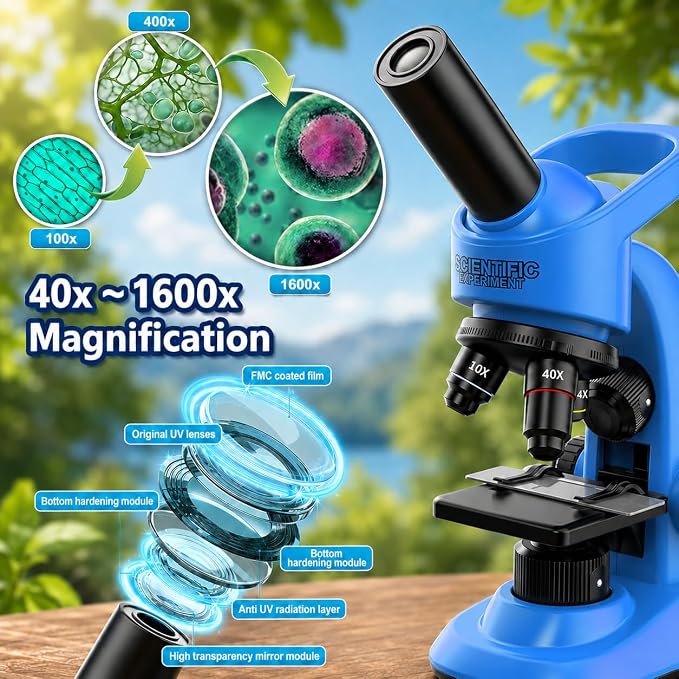 Kids Microscope,40-1600x Microscope Kit for Kids Beginners Children,STEM Kit,Prepared Slides,LED Light and Configured Various Operating Tools- Science Experiment Toy for Kids Ages 6-12