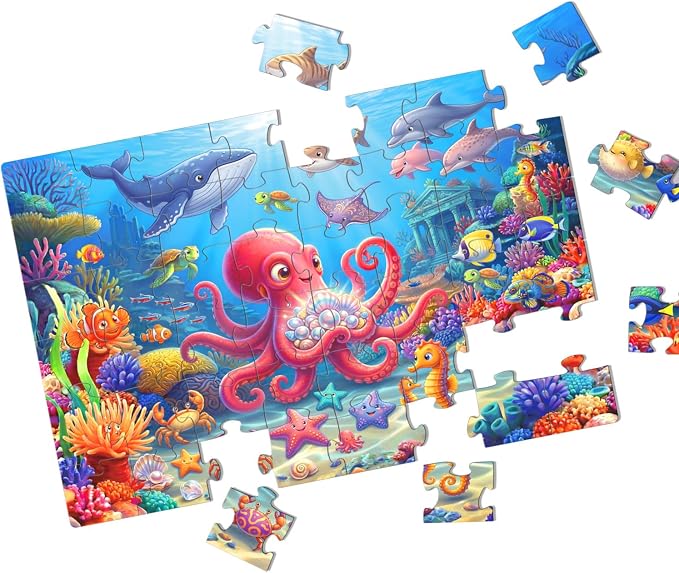 Jumbo Floor Puzzles for Kids Ages 3-5 48 Piece Ocean Educational Toy | Featuring octopus whale shark and dolphin for 3 4 5 6 7 8 year old boy and girl learning and indoor family play time