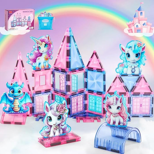 Unicorn Magnetic Tiles 49pcs – Magical Unicorn Toys for Girls Aged 4-8, Magnetic Building Blocks, STEM Construction Toy with 4 Unicorn Dolls and Dragon, Diamond 3D Educational Gift for Girls & Boys