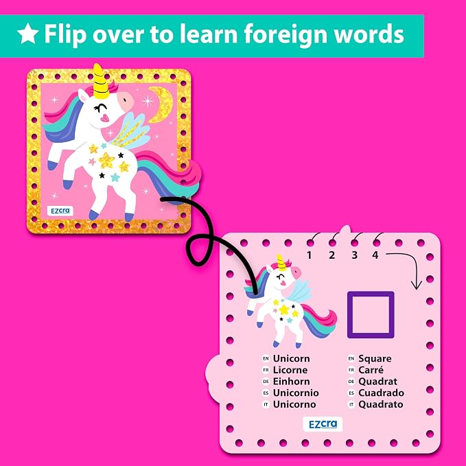 EZCRA Premium Lacing Cards for Kids Ages 3-6 | 10 Double-Sided Unicorn and Fairy Sewing Cards with Multilingual Learning | Durable Cardboard Fine Motor Skills Educational Activity