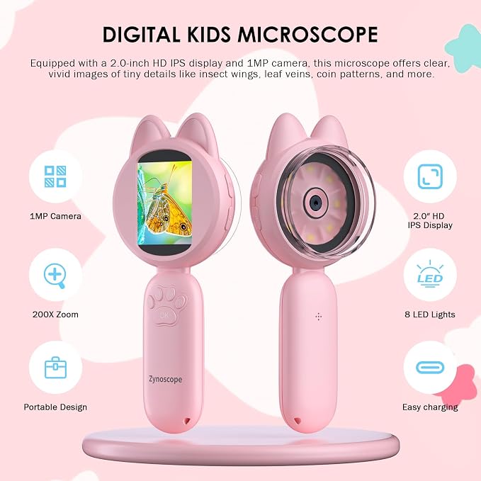 Kids Microscope 100X Magnification, STEM Handheld Digital Science Kit, Portable Educational Toy for Ages 3-16, Birthday for Boys & Girls Pink