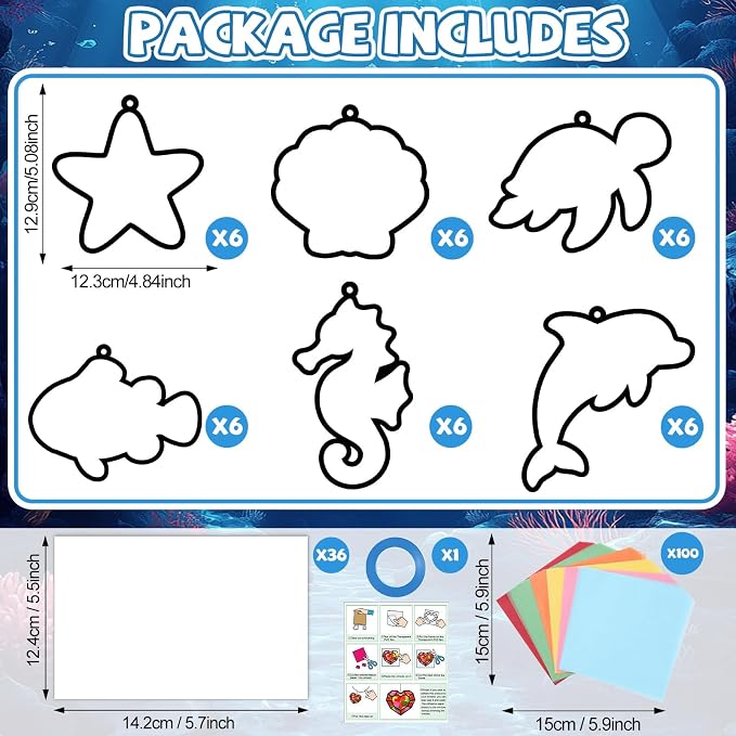 Qyeahkj 36 Set Sea Animals Suncatchers Craft for DIY Summer Tissue Paper Craft Kit Under the Sea Stained Glass Window Ornaments Decoration for Home Art Project Party Favor Gift