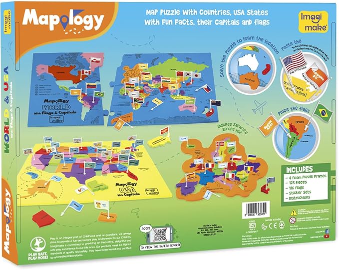 Imagimake Mapology USA & World Map Puzzle, Learn Countries, Flags, Capitals | Educational Toy, Match Flags & Capitals, Back to School Gift for Boys & Girls Ages 5,6,7,8,9,10,11,12 Years Old