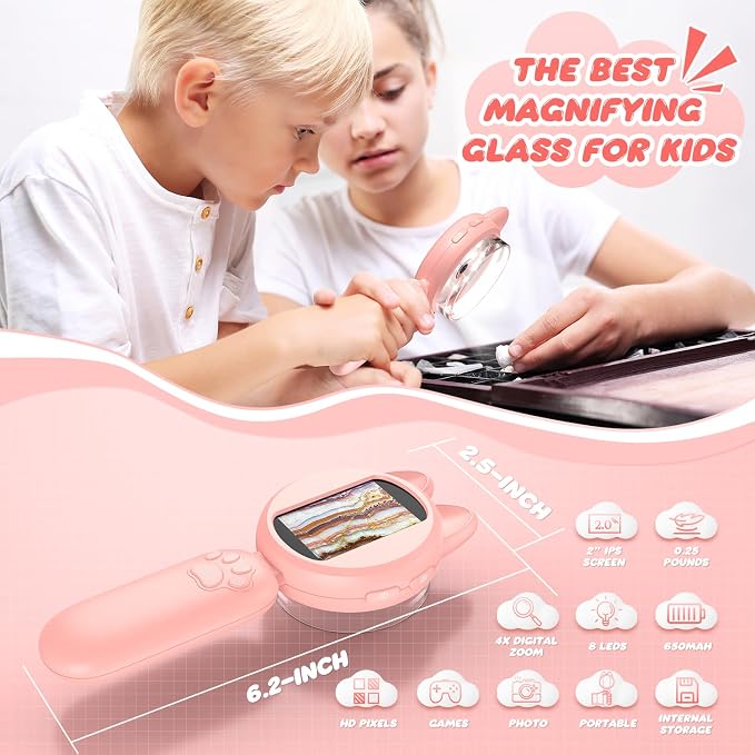 100X Handheld Microscope with 2" LCD Screen, Magnifying Glass for Kids | 8 LED Lights, Christmas Birthday Gifts for Children