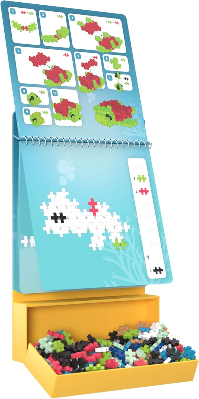 Plus Plus Puzzle By Number Activity Pad, Ocean - Mini Building Blocks Set | Roadtrip Essentials for Kids, Interlocking Waffle Blocks, Stem Toy, Airplane Activities for Kids, Kid Car Ride Must Haves