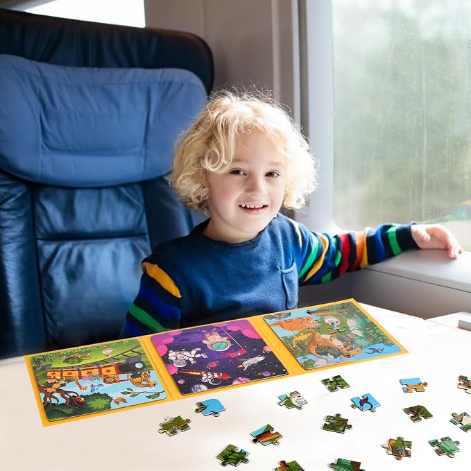 Magnetic Jigsaw Puzzles for Kids Ages 4-6, 36-Piece Preschooler Travel Toys Animals and Space Puzzles Ages 3-5, Educational Learning Magnets, Ideal Road Trip Activities Toys for 3 4 5 6 Boys and Girls