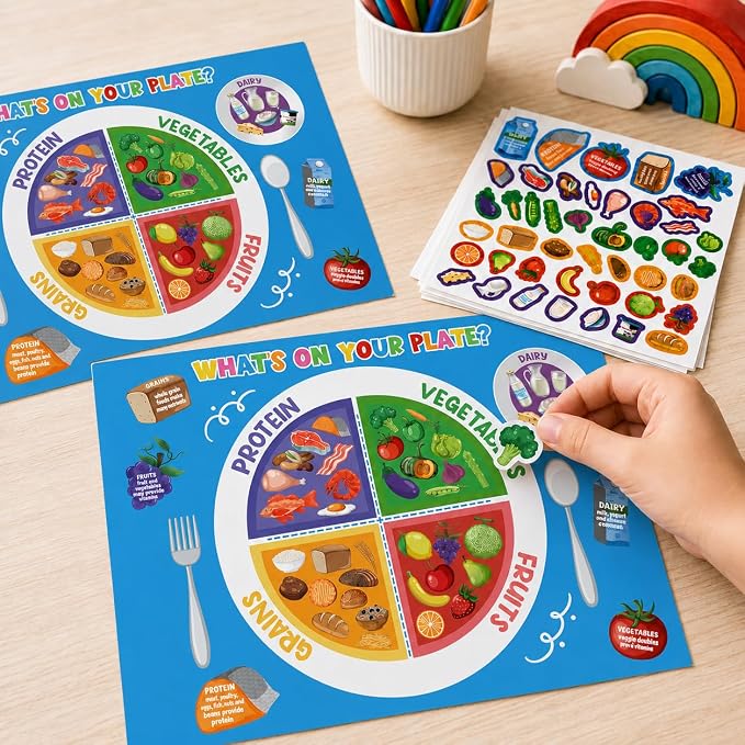 Cinrobiye 24 Set My Plate Food Sticker Set, Vegetables, Fruits, Protein and Grains Display Cards with Food Chart for Nutrition Demonstrations, Creative Projects and Educational Presentations