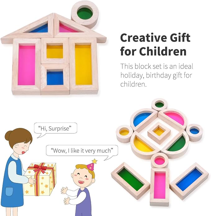 Wooden Building Blocks Set with Color Windows, 24-Piece Toddler Toy | Translucent color windows support stacking, light play, shape sorting, and Montessori-style learning.