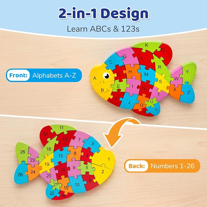 LovesTown Puzzle for Kids, Wooden, 3D Goldfish Shape | for Ages 3-5, Double-Sided, Alphabet Recognition, Number Counting, Fine Motor Skills, Montessori Educational Gifts