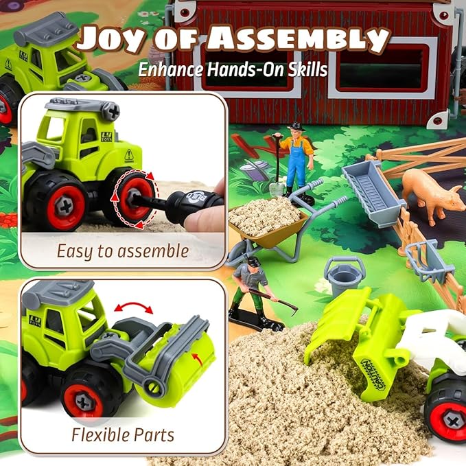 Aprilwolf 69 PCS Farm Sensory Bin Toys Playset, Sandboxes with Sand | Farmer Tractor & Farm Animals Figures Toys for Kids 3 4 5, Gifts for 6 7 8 Years Old Boys Girls