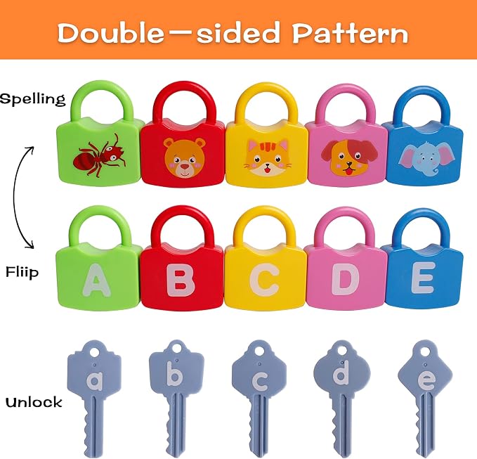 Dinhon Color Alphabet Learning Lock Toys Educational Letter Combination-with 26 Locks, 26 Keys Montessori Preschool Alphabet Learning Game for Ages 3 yrs+