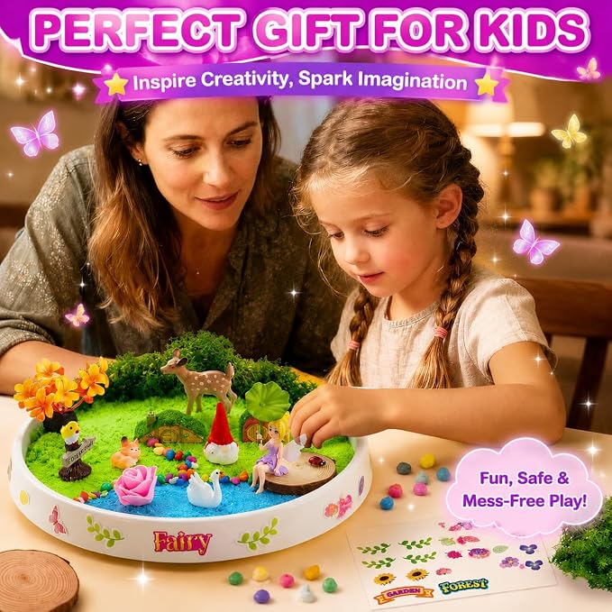 Carolart Spinning Fairy Garden Sensory Bin with Glow Sand Kit | Glow-in-the-Dark Sensory Sand, fairy toys, gifts for girls, rotating sand kit with sensory play for ages 3-8