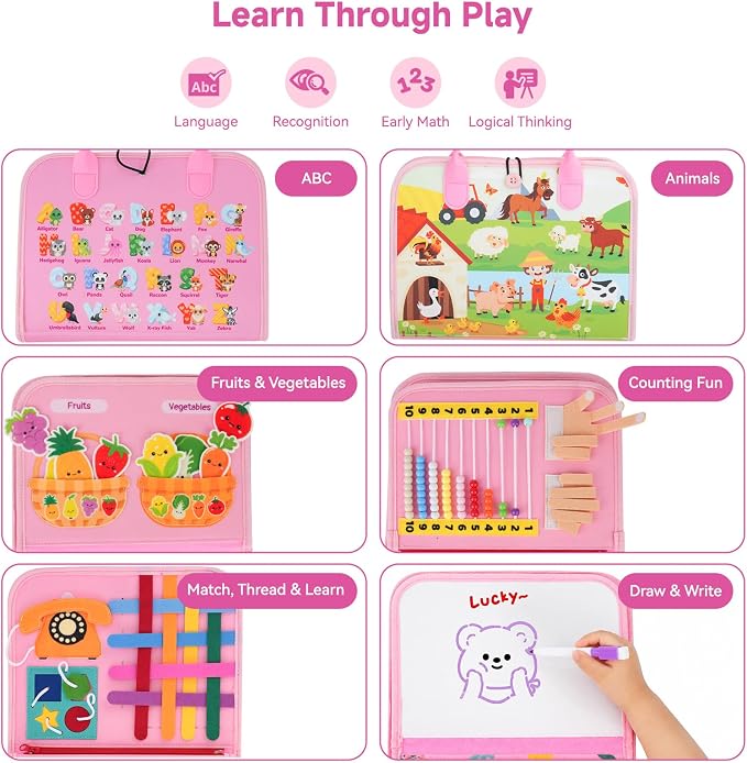 Montessori Busy Book Toy for 1 2 3 Year Old Girl Gifts, Learning Educational Toy for Toddlers 1-3, Fine Motor Skill Toy & Car Travel Activity Book, Birthday Gift for 1-2 Year Old Girl