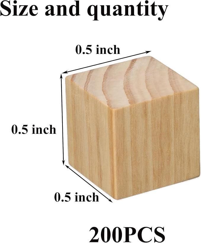 Ninekong 200 Pack Small Wood Cubes 0.5 Inch - Bulk Unfinished Wooden Squares for Mosaics, Architectural Modeling, Puzzle Making & Rustic Home Decor Projects