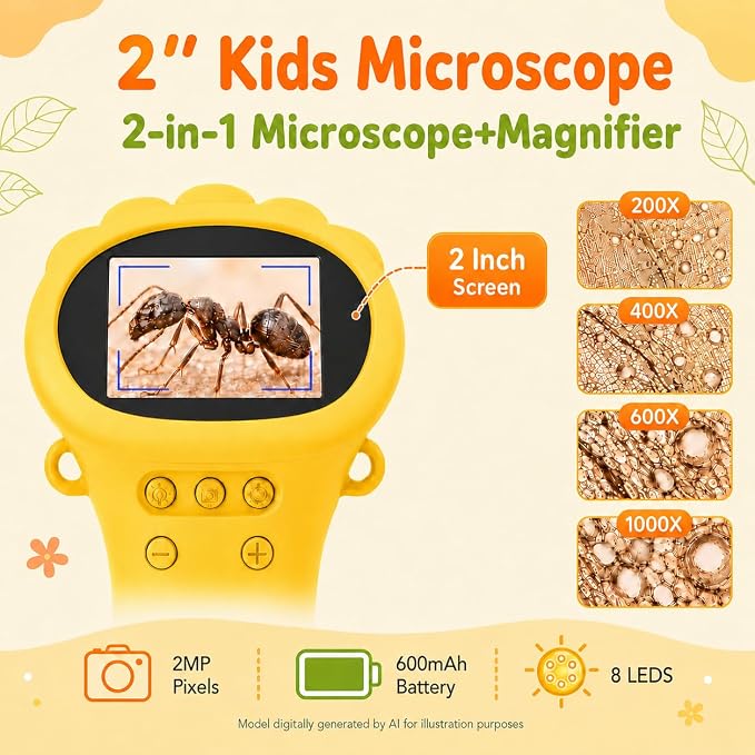 1000X Kids Microscope Handheld Camera, 2'' Screen Wonder Quest Microscope Camera for Kids, Educational Magnifying Glass Toy, Christmas Birthday Gifts for Age 3 4 5 6 7 8 9 10 11 12 Girls Boys - Yellow