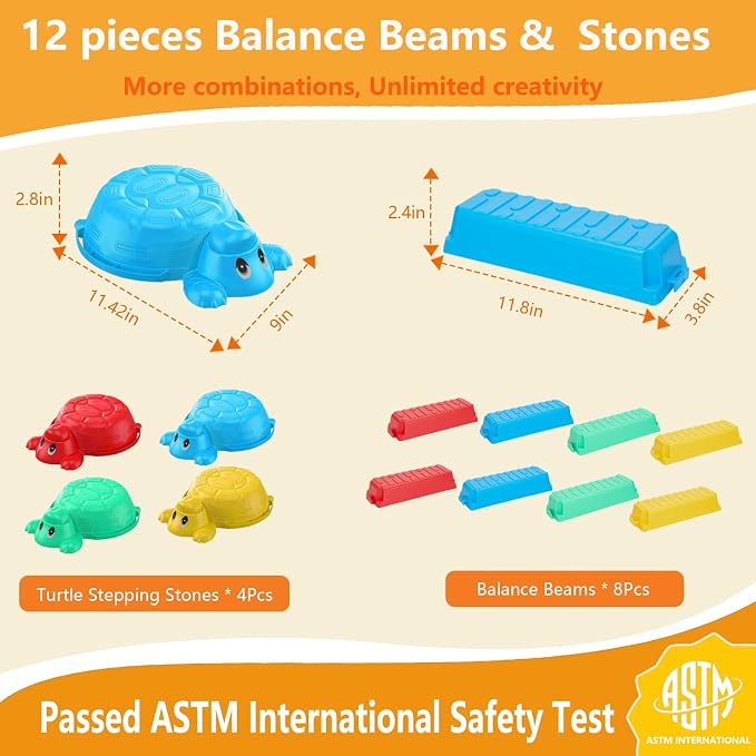 Balance Beams Stepping Stones For Kids - 12 Piece Turtle Jumping Stepping Stones Balance Beams, Toddler Indoor or Outdoor Play Obstacle Course, Stocking Stuffers for Active Kid Ages 2 3 4 5 6 Year Old