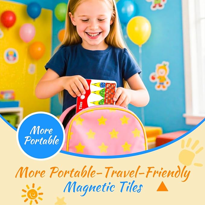 Mini Magnetic Tiles for Kids Ages 3-8, Travel Magnetic Building Blocks with Metal Storage Box, STEM Educational Toys, Montessori Sensory Learning Toys for Toddlers, Gift for Boys & Girls