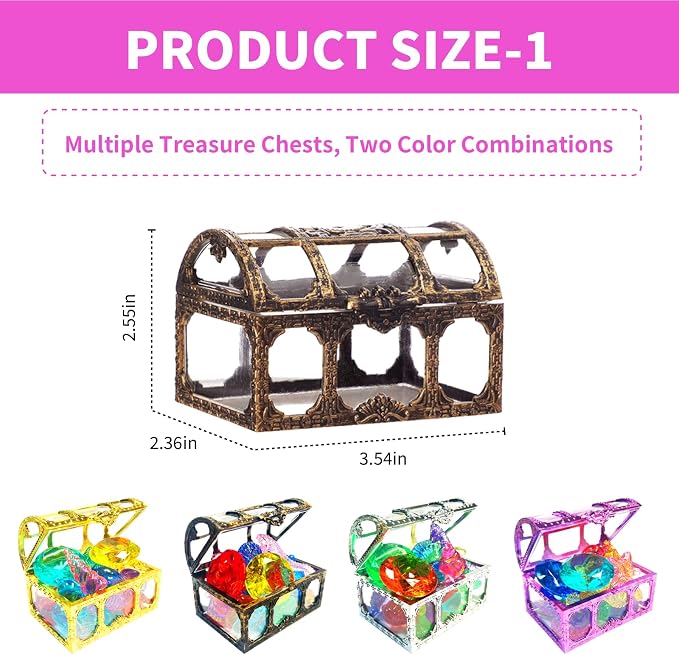 60Pcs Diving Gems Pool Toys Big Colorful Diamonds Set with Treasure Chest | Fake Plastic Acrylic Crystal Seashell & Gemstones, Underwater Mermaid Hunt Pirate Treasure Games for Kids, Gold and Bronze