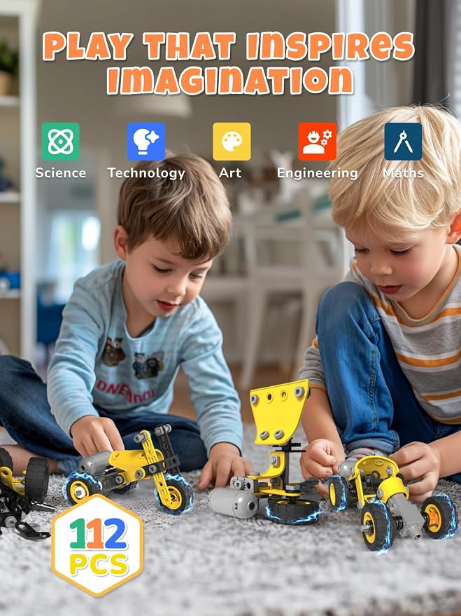 Veecafiodi 10 in 1 STEM Building Toys for Kids Ages 4-8, Educational Construction Engineering Building Kit for Boys Girls, Motorized Bulldozer Excavator Toy Set