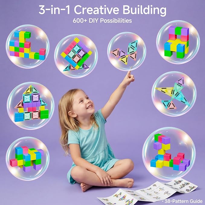 Magnetic Tiles Travel Toys Kids: 48PCS 3-in-1 Journey Blocks Set | Dual-Base Tin Holds 600+ Builds 120 Mins Focus 60s Cleanup - Quiet STEM Car Airplane Games for Toddlers Boys Girls Ages 3-8