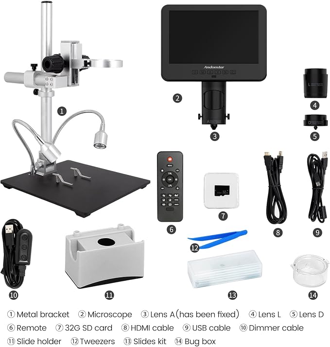 Andonstar AD246S-M 3 Lens 2160P HDMI Digital Microscope 2000x for Adults | 7 Inch LCD Soldering Microscope for Electronics Repair, Error Coins, Pro Boom Arm Stand, Windows Compatible