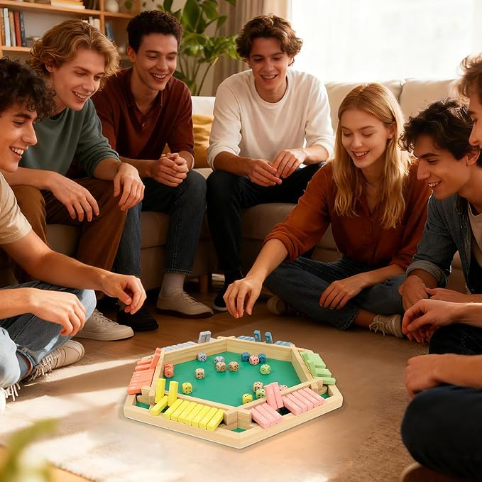 WOOD CITY Shut The Box Game Wooden for 6 Players, Close The Box Math Game for Kids Adults with 16 Dice, 6 Way Tabletop Quick Board Game for Family 3+ Years Old in Party or Pub，Morandi Color