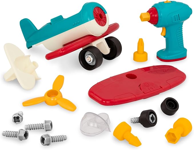 Battat Airplane Construction Toy with Toy Drill, Plane, Vehicles, Take | 25-piece airplane playset with 21 parts, battery-powered drill, 3 bits, build-and-play pretend flights, Vehicles, 3+ Years