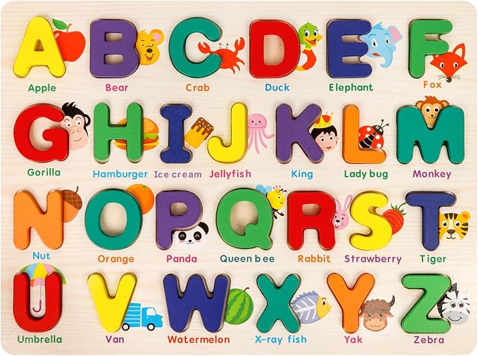 Alphabet Puzzle Wooden Puzzles for Toddlers ABC Shape Learning Toddler Toys | ABC Puzzle with Board & Letter Blocks, Preschool Educational Toys for Girls Boys, Pattern Alphabet