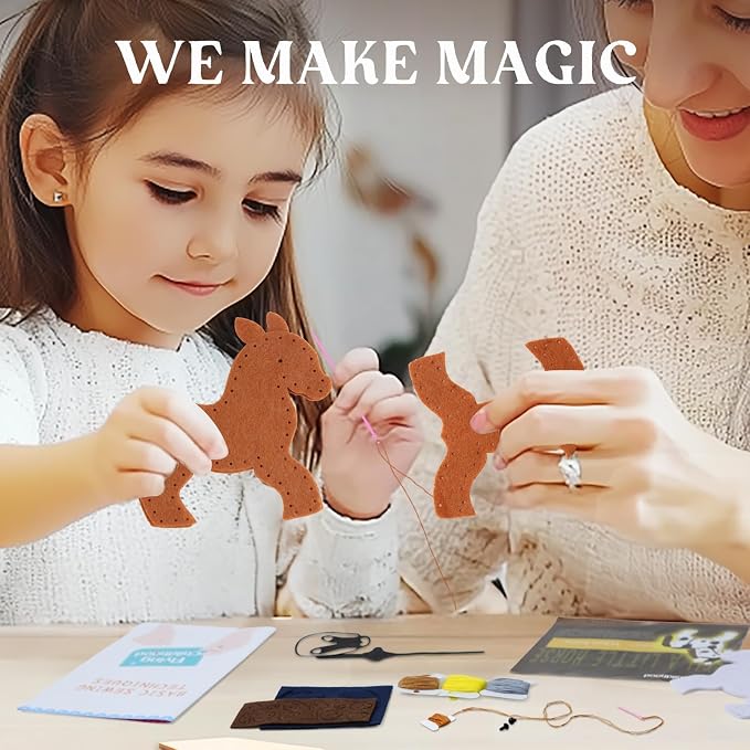 IROLEHOME 5-Pc Pony Sewing Kit for Kids Ages 8-12 Beginner Felt Craft Kits | Learn to Sew Craft Kit for Kids DIY Stuffed Horse Dolls - Montessori Educational Toys Gifts for Toddlers Fine Motor Skills