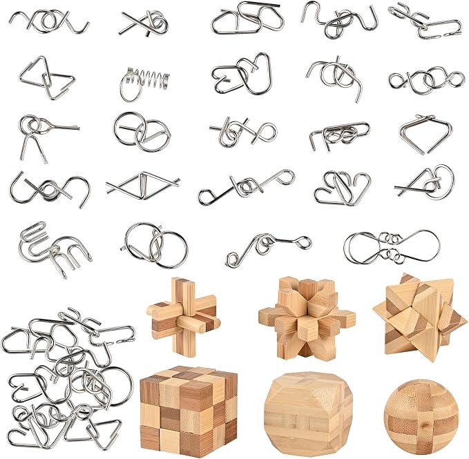 GOLDGE 30pcs Brain Teaser Puzzle Set for Adults & Kids | Wooden & Metal 3D Puzzles, IQ Logic Games for Family, Parties & Coffee Breaks. Unlock & Solve Interlocking Challenges Toy