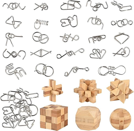 GOLDGE 30pcs Brain Teaser Puzzle Set for Adults & Kids | Wooden & Metal 3D Puzzles, IQ Logic Games for Family, Parties & Coffee Breaks. Unlock & Solve Interlocking Challenges Toy