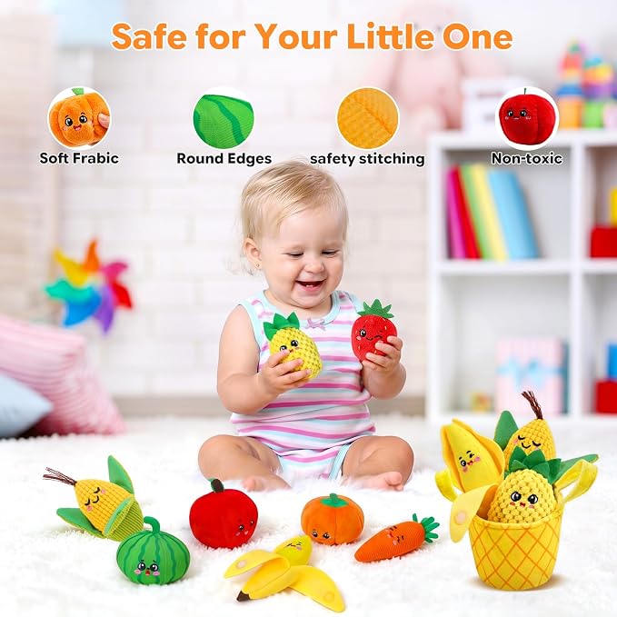 Baby Toys 6-12 Months, Sensory Fruit & Vegetable Toy Set with Rattle, Crinkle & Color Sorting Baskets, 16 PCS Montessori Fine Motor Toy for 6-18 Months, Baby Gifts for Boy Girl 6 9 Months Old