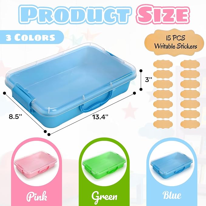3 Pack Plastic Sensory Bins with Handle, 15 Stickers | Portable Clear Lid Sandbox Container, Large Sand Water Play Tray Crafts Organizers for Sand, Water, Beads